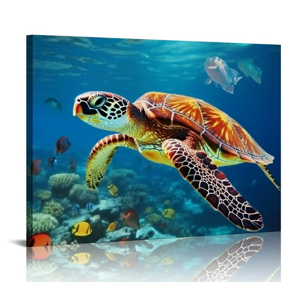 JRXY Turtle Picture Decor Wall Art Aquatic Animal Nature Landscape Print on Canvas for Bathroom Kids Room Decorations Teal Framed 20x16in