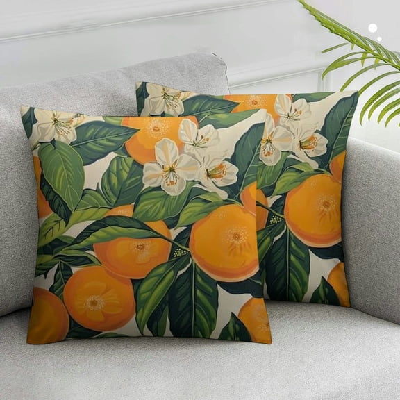 JRXY UPOOS Throw Pillow Cover Yellow Blossom with Orange Fruits Flowers and Leaves on Light Green Vintage Botanic Decorative Pillow Case Home Decor Square Pillowcase,Set of 2 White