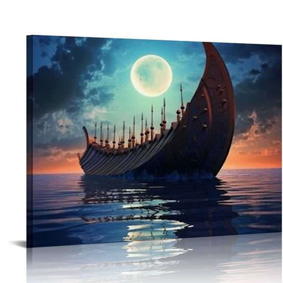 JRXY Vikings Ship Classical Wall Art Nordic Canvas Prints Seascape Oil Painting Vintage Wall Pictures for Living Room Scandinavian Home Decor 16x12in