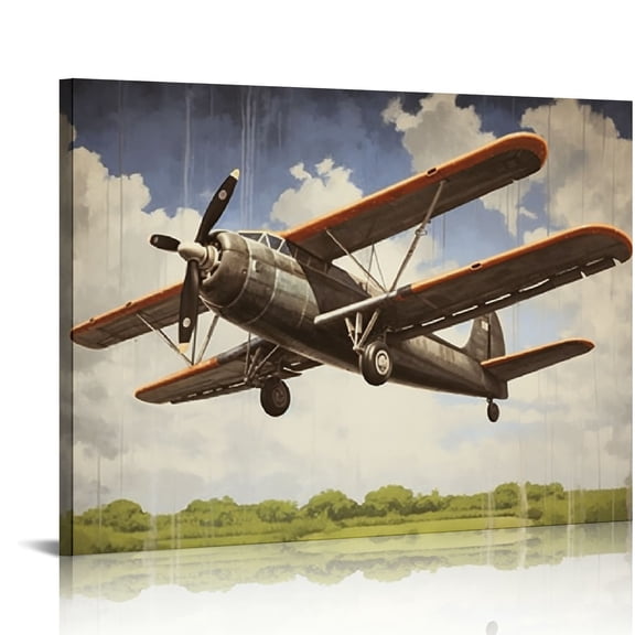JRXY Vintage Airplane Canvas Wall Art Retro Aircraft Grey-tone Abstract Background Rustic Elegance Print Aesthetic Painting Home Office Decor 20x16in