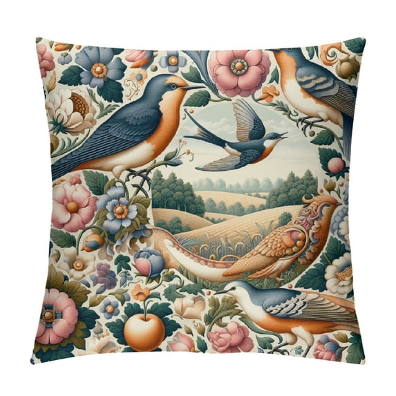 JRXY Vintage Bird Floral Pillow Covers Pink Green Yellow Flower Leaves Decorative Throw Pillows For Couch Chinoiserie Cases Farmhouse Home Decor Sofa Bed Porch Outdoor White