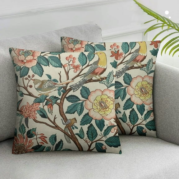 JRXY Vintage Bird Floral Pillow Covers Set of 2 Pink Green Yellow Flower Leaves Decorative Throw Pillows For Couch Chinoiserie Cases Farmhouse Home Decor Sofa Bed Porch Outdoor White