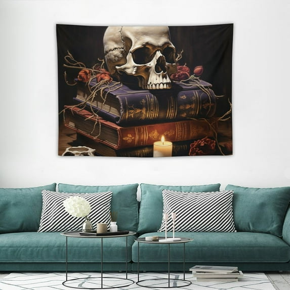 JRXY Vintage Book Candle Hourglass Skull Wall Art Home Decor Tapestry Wall Hanging Art