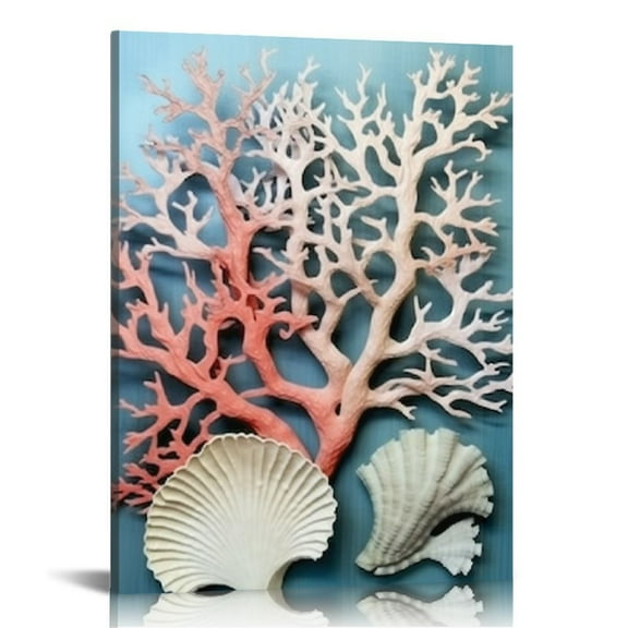 JRXY Vintage Coastal Artwork Canvas Wall Art Shell Starfish Coral Conch Natural Picture for Bathroom Kitchen Bedroom Decor Stretched and Framed Ready to Hang 12x16 in