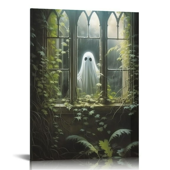 JRXY Vintage Cute Ghost Canvas Wall Art Funny Ghost Halloween Aesthetic Poster Gothic Dark Academia Decor Spooky Abandoned Halloween Pictures 16x20 Inches Framed 12x16 in