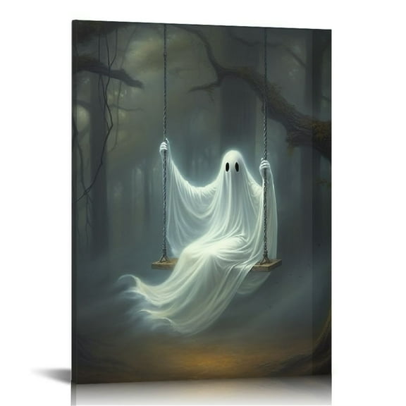 JRXY Vintage Cute Ghost Canvas Wall Art Funny Ghost on a Swing in the Forest Aesthetic Poster Gothic Dark Academia Wall Decor Creepy Spooky Abandoned Art Halloween 16x20in 12x16 in