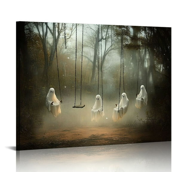 JRXY Vintage Cute Ghost Canvas Wall Art Swing Forest Aesthetic Poster Gothic Dark Academia Decor Halloween Pictures 20x16in