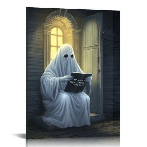 JRXY Vintage Cute Ghost On Toliet Reading Books Canvas Wall Art Funny Gothic Aesthetic Horror Halloween Pictures Spooky Dark Academia Wall Decor 12x16 in