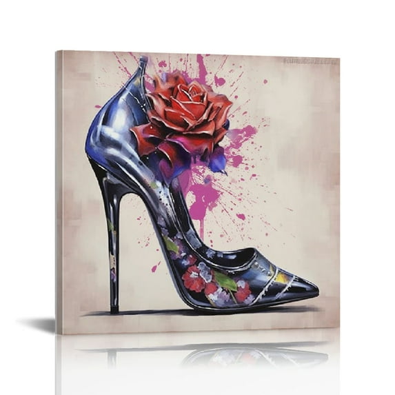 JRXY Vintage Fashion Canvas Wall Art Retro High Heels Shoes Lips Lipstick Picture Prints Artwork Modern Woman Girl Bedroom Beauty Salon Wall Decoration Gift 16x16in pattern3