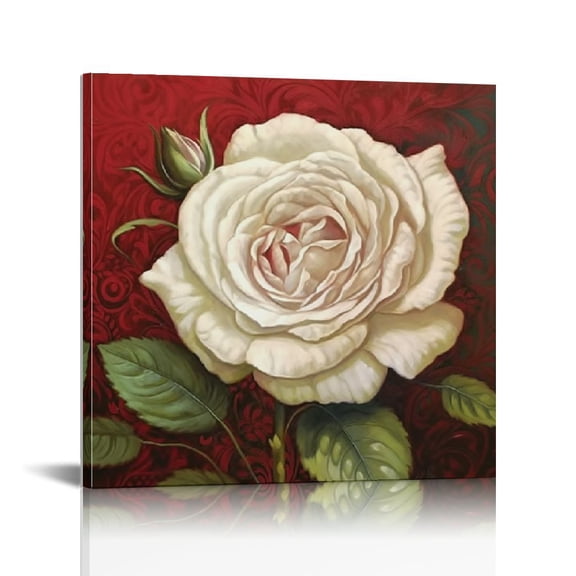 JRXY Vintage Floral Picture Red Background White Flower Green Leave Canvas Print Wall Art Decor Blossom Flower Paintings for Kitchen Living Room Bedroom Office Home Decor 16 x16 12x12 in