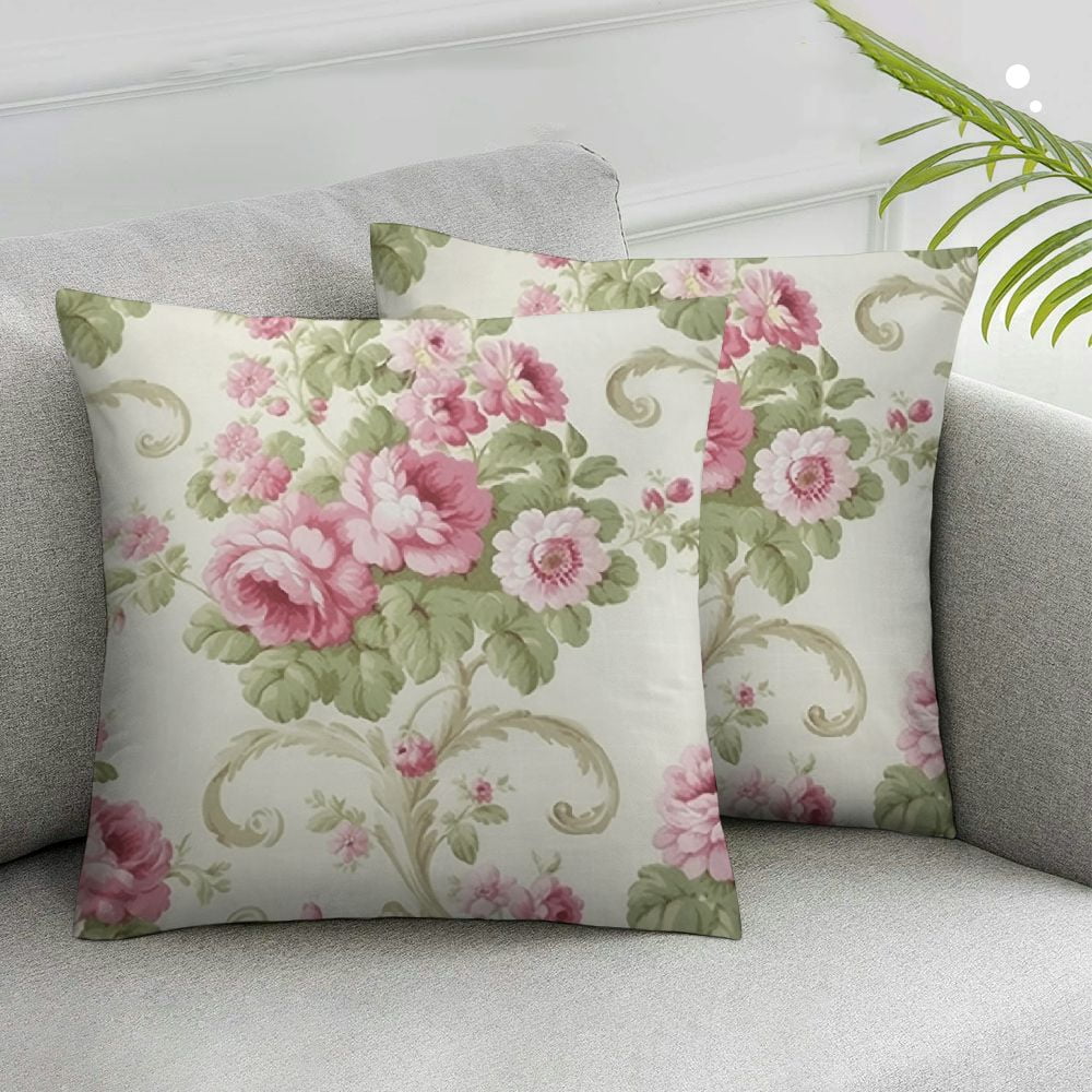View of JRXY Vintage Floral Throw Pillow Covers Set of 2 Pink Rose Flowers Leaf ...