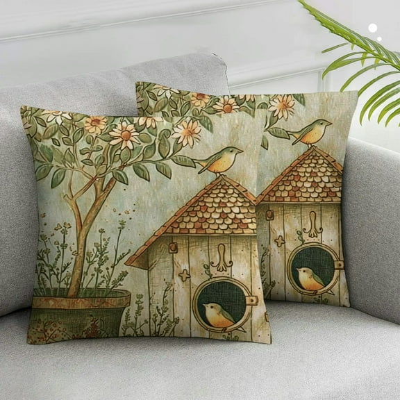 JRXY Vintage Flower with Birds Nest Decorative Throw Pillow Covers&nbsp;Set of 2 Farmhouse Pillow Cases Cushion Covers Toss Throw Pillowcase for Living Room/Couch/Bed (Bird Floral Nest) White