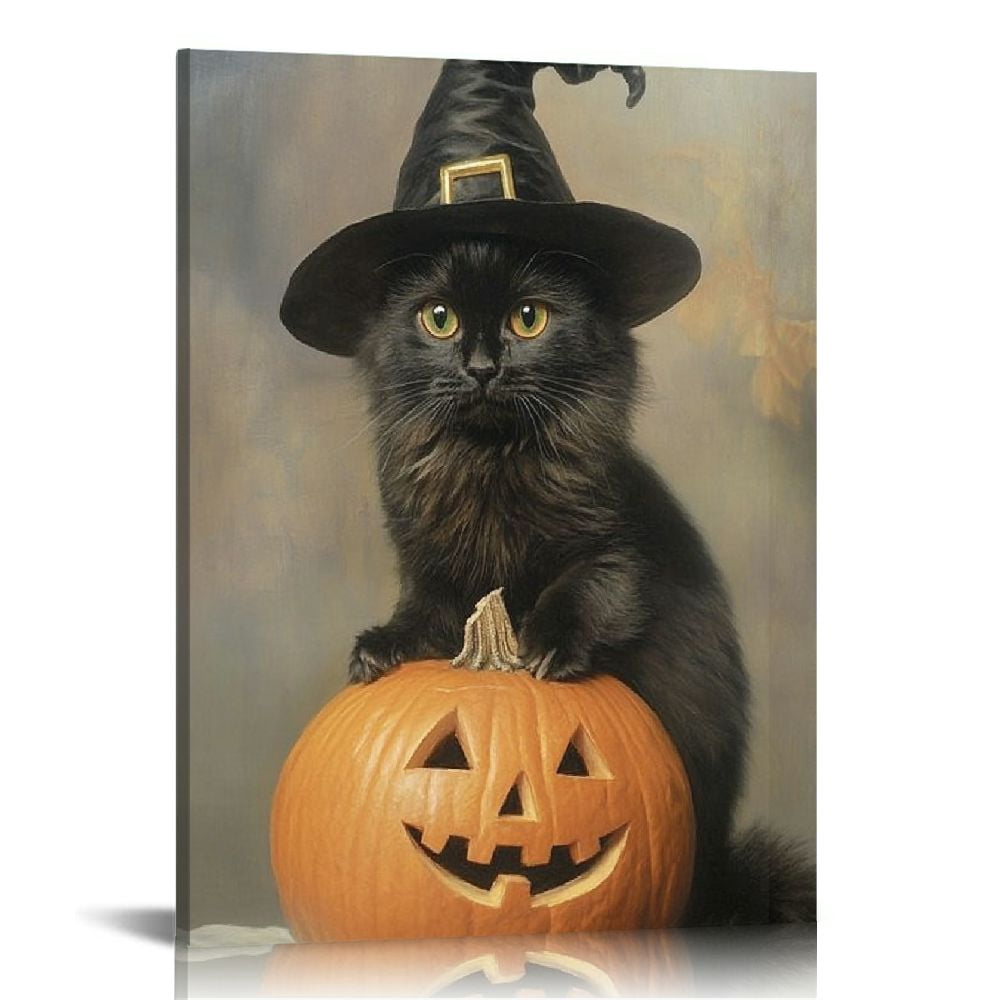 JRXY Vintage Halloween Canvas Wall Art Black Cat Witchy Print Poster ...