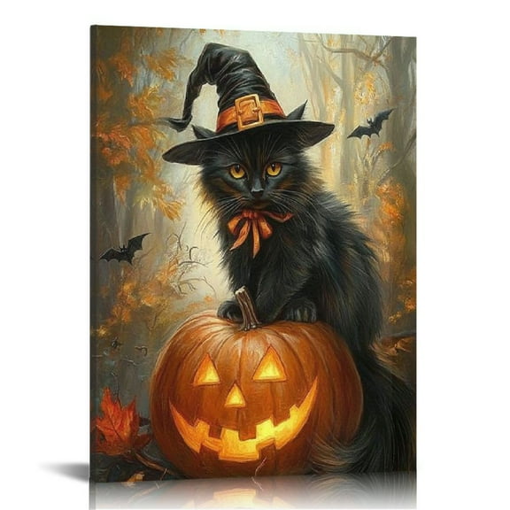 JRXY Vintage Halloween Canvas Wall Art Cute Black Cat Witch Print Poster Retro Funny Pumpkin Decoration Gothic Pictures Posters Aesthetic Family Decor 16x24 inch 16x20 in