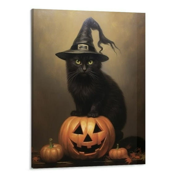 JRXY Vintage Halloween Canvas Wall Art Cute Black Cat Witchy Print Poster Retro Funny Lighted Pumpkin Decoration Victorian Gothic Wiccan Artwork Creepy Halloween Pictures 16x20 Inch 16x20in