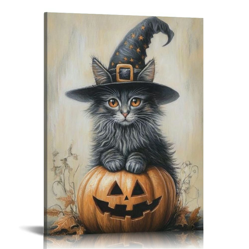 JRXY Vintage Halloween Canvas Wall Art Cute Black Cat Witchy Print ...