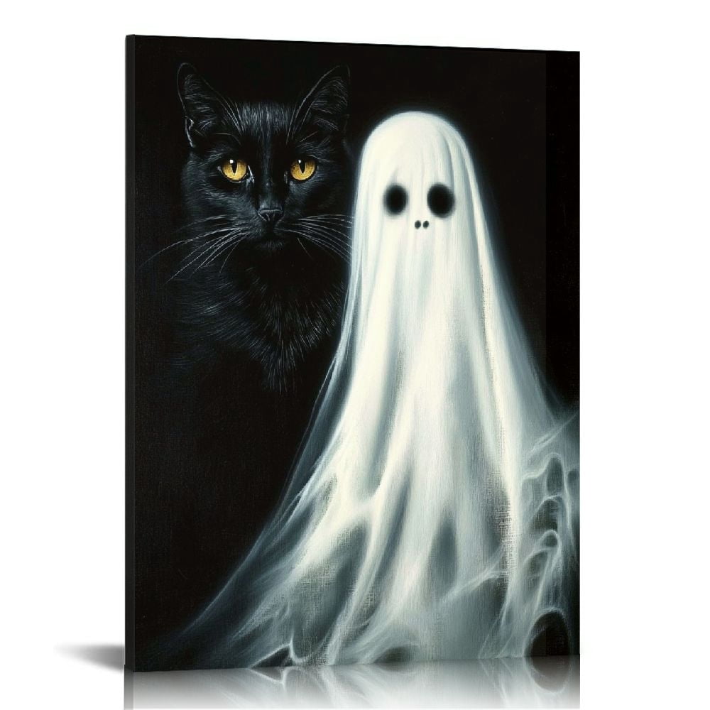 JRXY Vintage Halloween Canvas Wall Art Cute Ghost Holding Black Cat ...