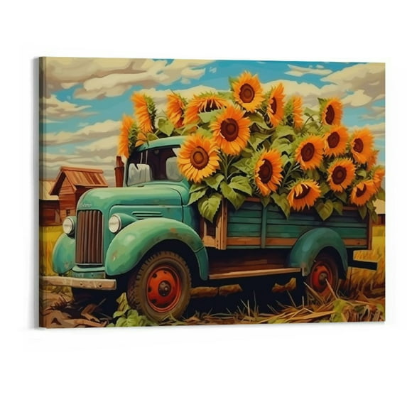 JRXY Vintage Old Truck Barn Scene Rural Sunflower Poster Cars Canvas Wall Art Prints Vintage Sports Garage Sports Aesthetic Office Room Decor 20x16inch 20x16in