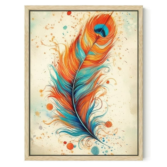 JRXY Vintage Peacock Feather Canvas Wall Art Giclee Print Teal Blue and Orange Artwork for Kitchen Living Room Decorations, Framed, Ready to Hang 12x16in