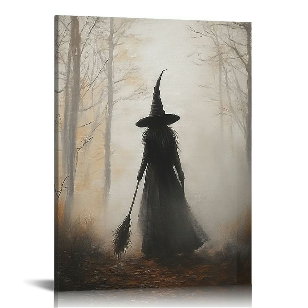 JRXY Vintage Rustic Witch Posters Halloween Canvas Wall Art Witch in The Forest Painting Prints Goth Dark Moody Wall Decor for Living Room Bedroom Home Office Wall Decor 16x20 in