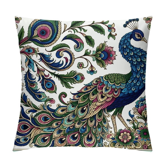 JRXY Vintage Style Peacock Throw Pillow Cover with Flower &Green Leaves Cushion Cover Home Decors Square Pillowcases for Couch/Sofa/Bedroom (Peacock) White