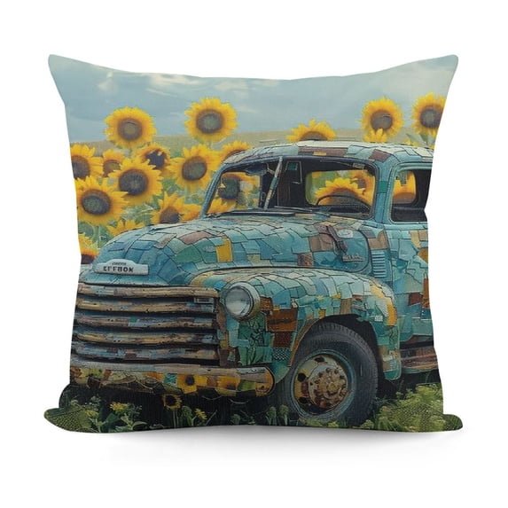 JRXY Vintage Truck Throw Pillow Covers Abstract Sunflower Spring Farmhouse Natural Country Style Blue Soft Short Plush Washable Living Room Couch Home Sofa Bed Zipper Decor Pillow case 24x24in