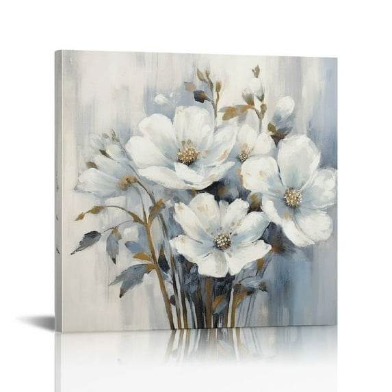 JRXY Wall Art Canvas Blue Flower: Living Room Abstract White Lily Floral Painting Large Botanical Blossom Textured Prints Artwork for Home