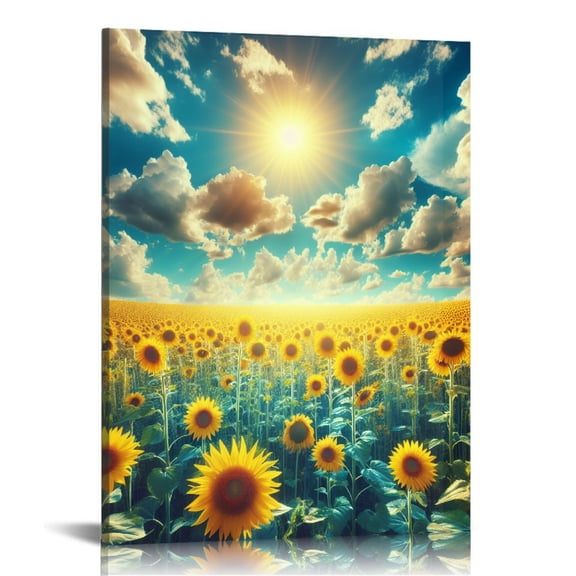 JRXY Wall Art Canvas Painting Beautiful sunset over sunflower field yellow sunflower canvas Picture Poster Print Framed and Stretched Ready to Hang for Living Room Bedroom Office 12x16 in