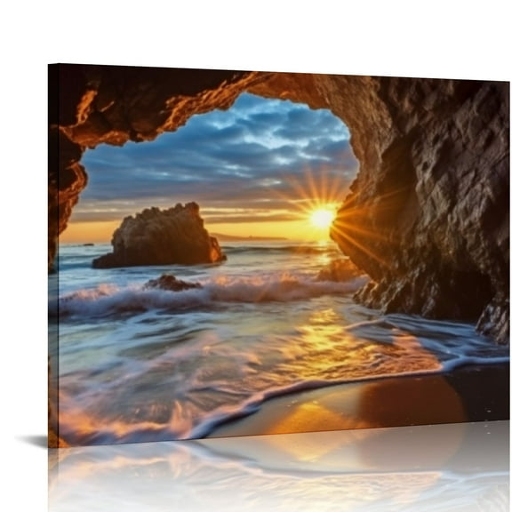 JRXY  Wall Art Decor Canvas Print Picture Sunset Over The Rocks in California Sea Ocean Waves Painting Artwork for Office Bedroom Home Decoration Stretched and Framed 16x12in