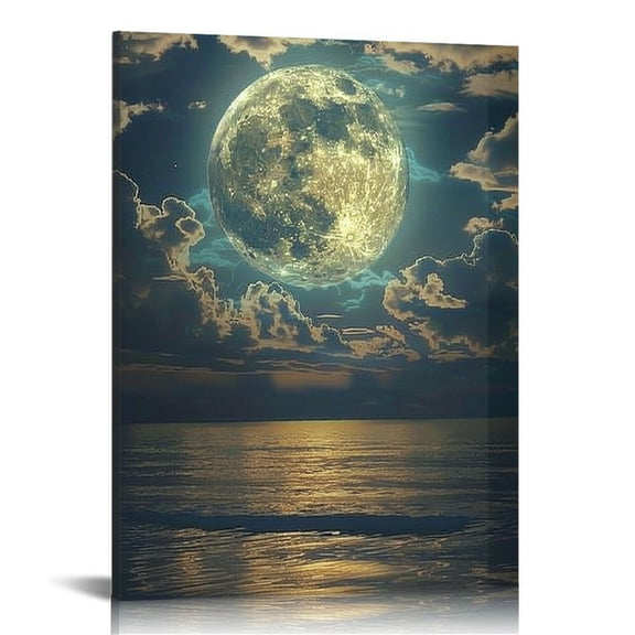 JRXY Wall Art Decor, Vintage Full Moon and Ocean Prints, Night Landscape, Moon Art, Ocean Waves Print for Moonlight Seascape Prints, Oceanscape, Decor Canvas,Decor 12x16 in