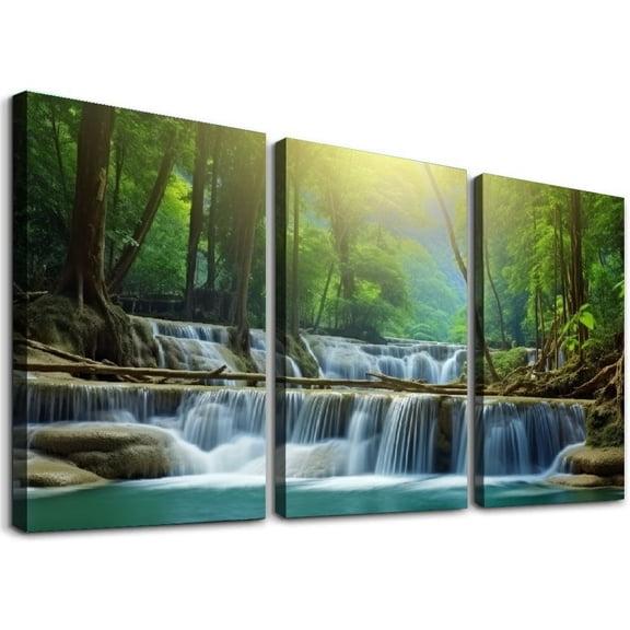 JRXY Wall Art Panoramic Beautiful Deep Forest Waterfall Canvas Prints Tropical Green Forest Natural Landscape Picture Scenery Paintings for Home Decor 12''x16''X3 Panels 12x16x3pcs