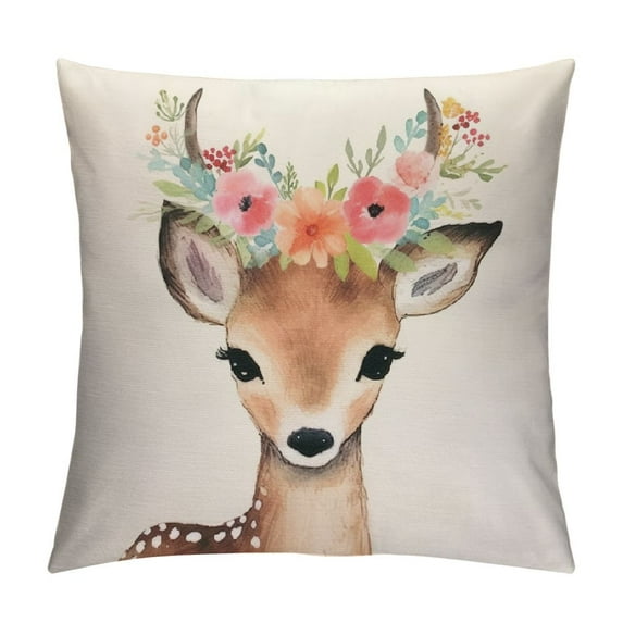 JRXY Watercolor Animals Painting Throw Pillow Cover Cute Sika Deer with Flower Wreath Pillow Case Decorative Farmhouse Cushion Cover for Home Couch Bed (Deer) White