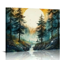 JRXY Watercolor Forest Poster,Green Trees Wall Art,Nature Serenity Watercolor Landscape Mountain Canvas wall art,Modern Botanical wall art 20x16in