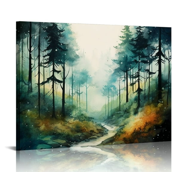 JRXY Watercolor Forest Poster,Green Trees Wall Art,Nature Serenity Watercolor Landscape Mountain Canvas wall art,Modern Botanical wall art. 20x16in