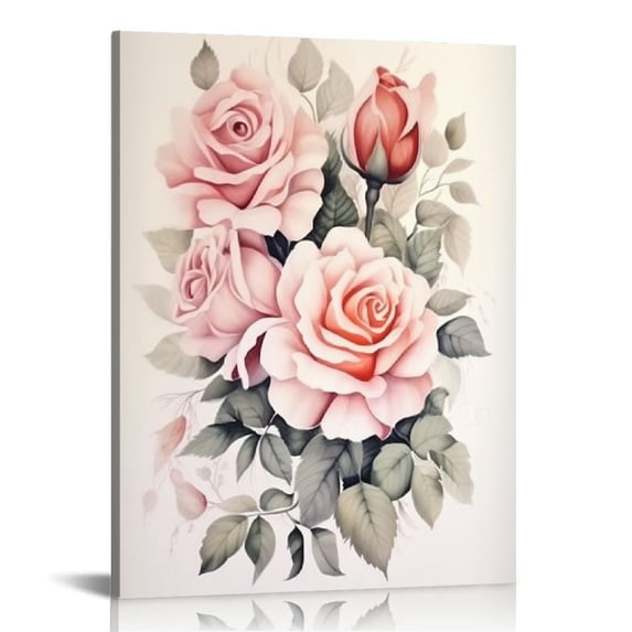 JRXY Watercolor Pink Roses Wall Art Canvas Prints Decorative Love Poster Aesthetic Flower Picture Decor Painting Art for Home Room Livingroom Bedroom 12x16 in