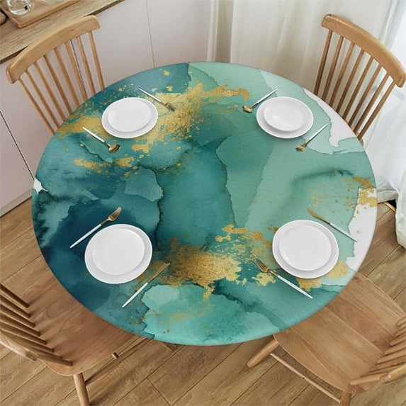 JRXY Waterproof Resistant Fabric Gold and Blue Abstract Art Round Tablecloth White