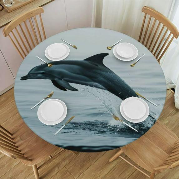 JRXY Waterproof Round Tablecloth Dolphins Swimming in the Ocean White