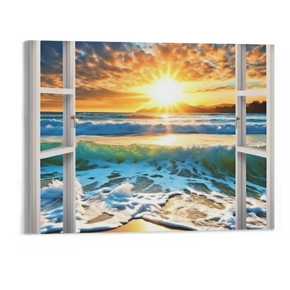 JRXY Wave Canvas Wall Art Sunset Ocean Nature Pictures Modern Stretched and Framed Seascape Giclee Artwork - 20x16 Inch 20x16in