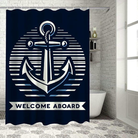 JRXY Welcome Aboard Navy Blue Boat Anchor Decorative Nautical Sailing Farmhouse Decor Shower Curtain Multiple Sizes White