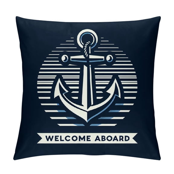 JRXY Welcome Aboard Soft Throw Pillow Cover, Navy Blue Boat Anchor Decorative Pillowcase, Nautical Sailing Farmhouse Decor Decorations for Home Bedroom Sofa Couch Living Room White