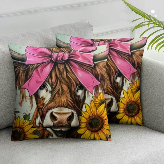 JRXY Western Cow Throw Pillow Covers,Just a Little Moody,Farmhouse Summer Flower Cow Decorate Pillow Covers for Bedroom Living Room Office Room,Gift for Cow Lovers,Set of 2 22x22in