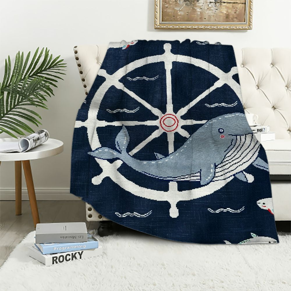 Nautical Anchor Flannel Throw Blanket - 50x60 Inch, Blue Gray Wood Plank Design, 100% Polyester