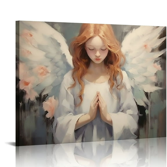 JRXY White Angel Wings Canvas Wall Art Praying Woman Blue Abstract Print Painting Aesthetic Posters for Home Decor Frame 16x12in