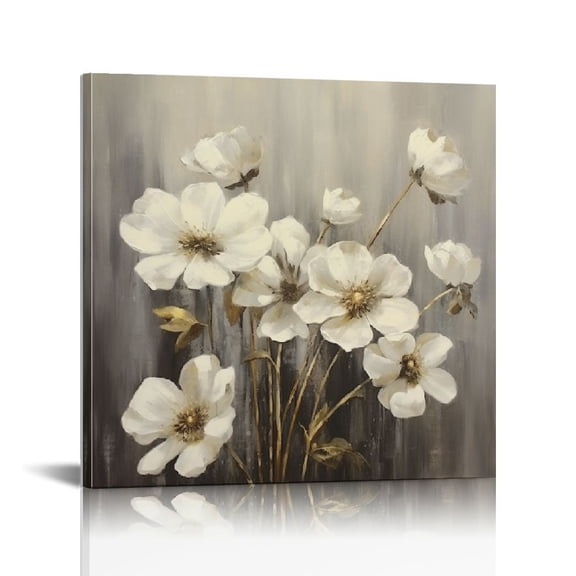 JRXY White Flower Canvas Wall Art: Large Gold Foil Floral Picture Painting Abstract Hand Painted Botanical Lily Print for Living Room Bedroom Office 16x16in 16x16 in