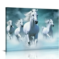 JRXY White Running Horse Print Painting on Canvas Modern Blue Wall Art Animal Artwork for Living Room Bedroom 20x16in