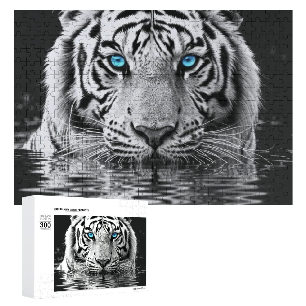 JRXY White Tiger Blue Eyes Water Reflection Wooden Puzzle 500 PCS