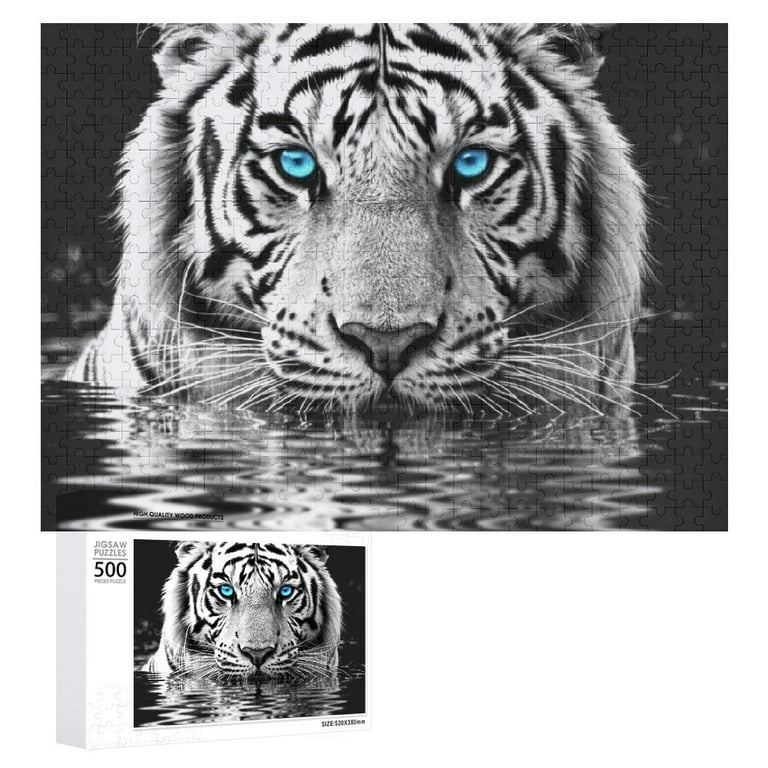 JRXY White Tiger Blue Eyes Water Reflection Wooden Puzzle 500 PCS