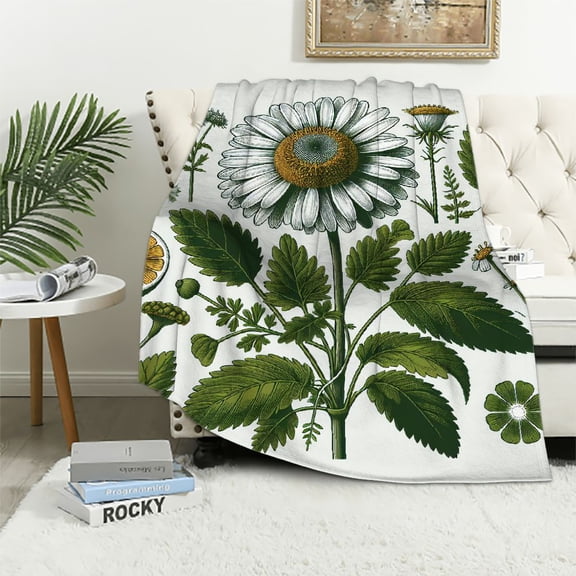 JRXY White with Yellow Botanical Flowers Cottagecore Green Leaves Floral Garden Pattern Flannel Fleece Blanket White