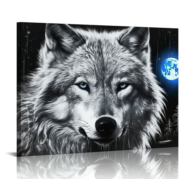 JRXY Wild Animal Wall Art Black and White Wolf with Blue Eyes Pictures Prints on Canvas Wildlife Wolves Wall Decor Artwork Stretched and Frame for Kids Room Bedroom 16x12in