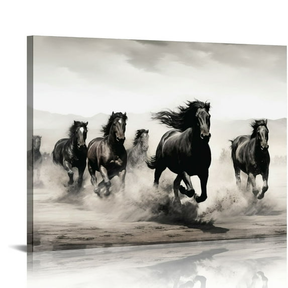 JRXY Wild Horses Canvas Wall Art - Black White Horse Racing Picture Two Vintage Animals Running Artwork Print Gallop Painting for Home Office Bedrooms 20x16in
